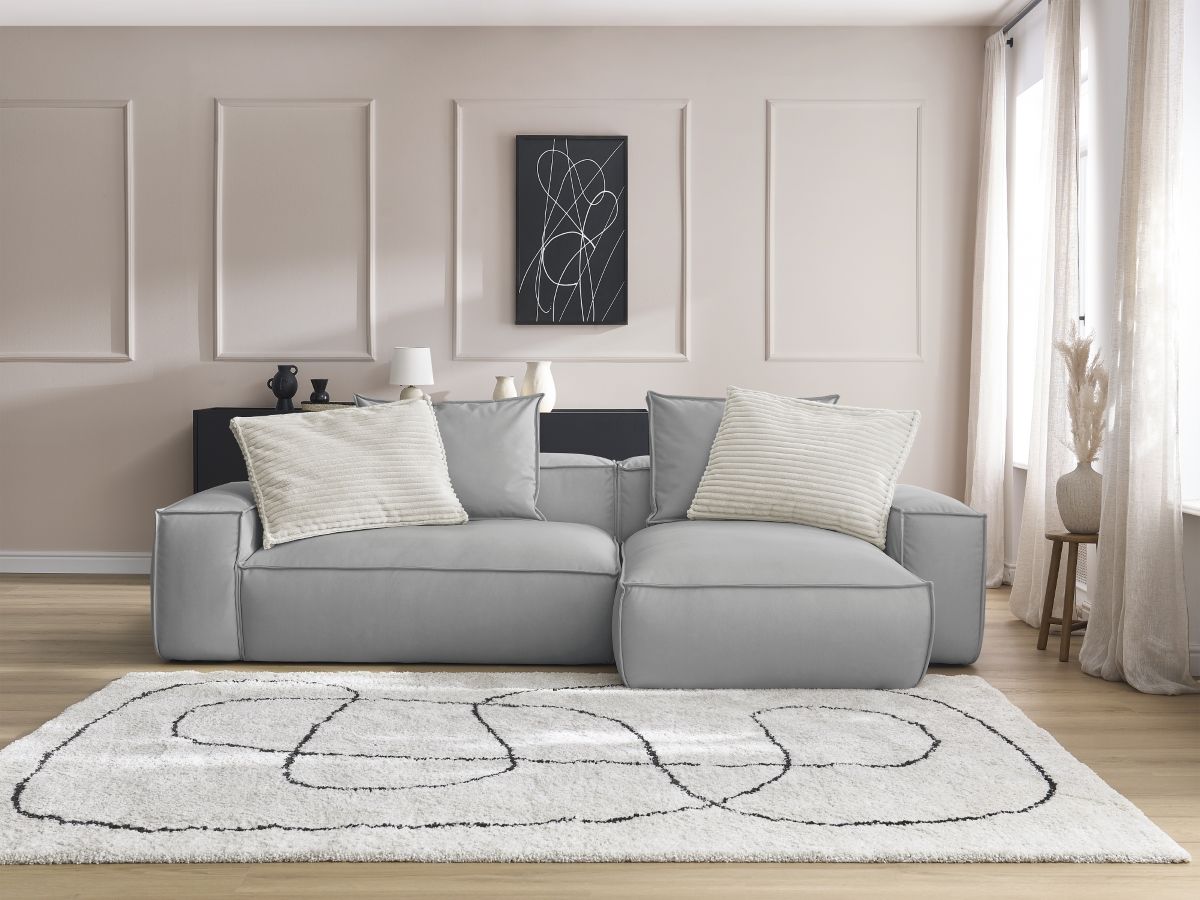 Bobochic Boheme Ecksofa, 3 Kissen Kunstleder Hellgrau