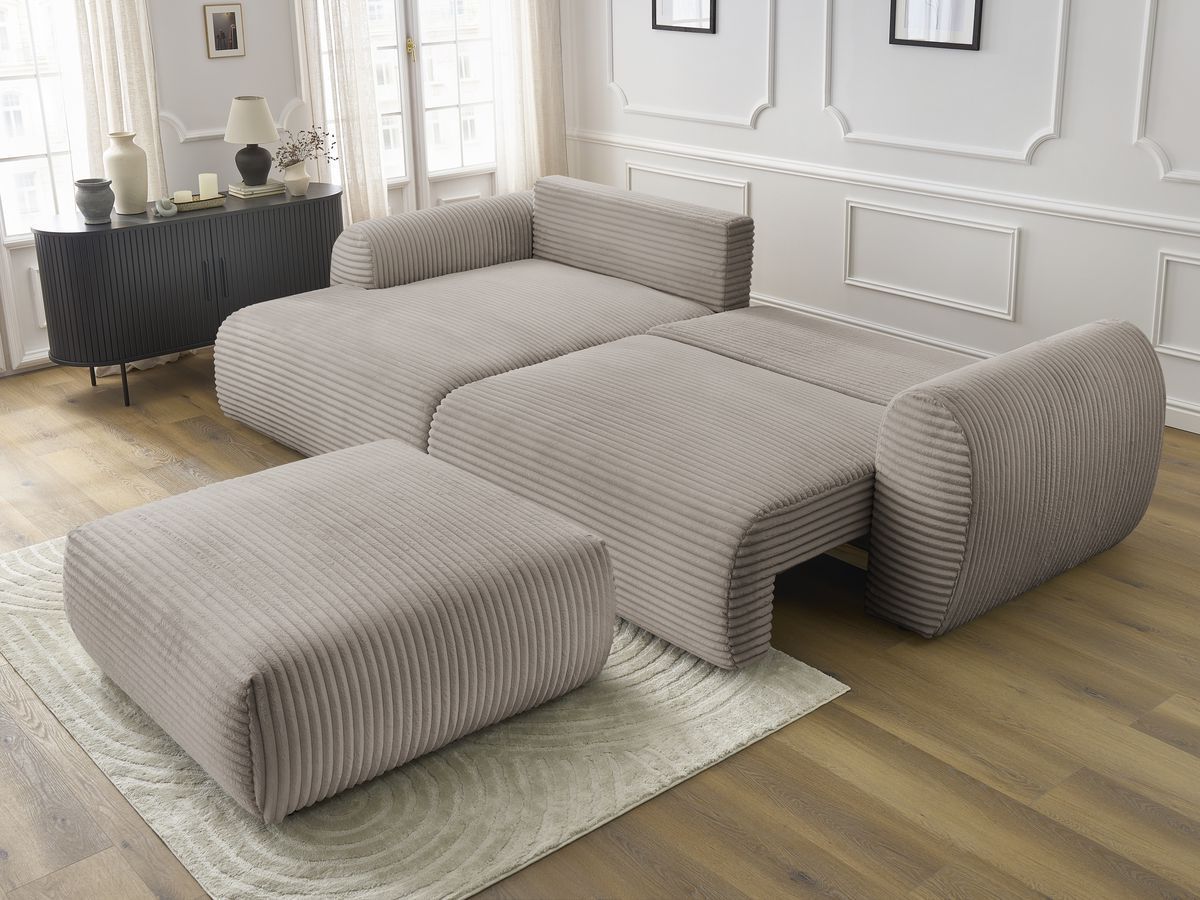 Bobochic Lucien Ecksofa mit Schlaffunktion und Bettkasten und Pouf 314 × 167 cm Breitcord weich Taupe Ecke links