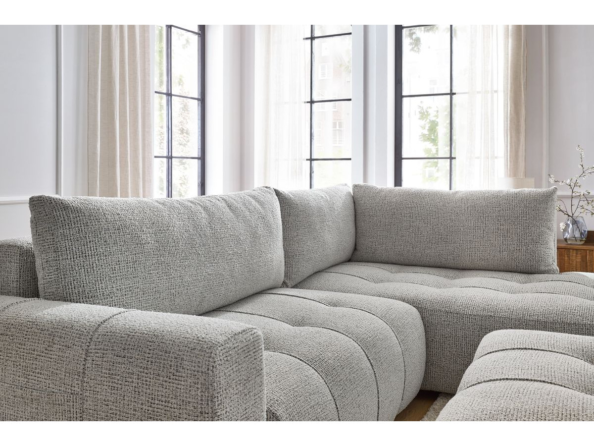 Bobochic Arsene Ecksofa mit Schlaffunktion und Bettkasten und Pouf 277 × 200 cm Melange-Stoff Hellgrau Ecke rechts
