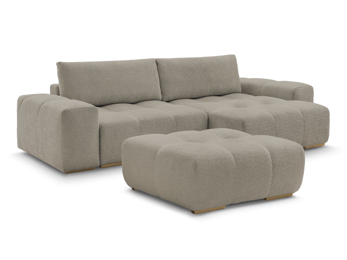 Bobochic Anakin Ecksofa mit Schlaffunktion und Bettkasten und Pouf, 2 Kissen Bouclé-Stoff Taupe