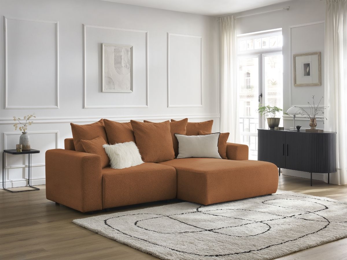 Bobochic Atilla Ecksofa mit Schlaffunktion und Bettkasten Melange-Stoff Orange Ecke rechts