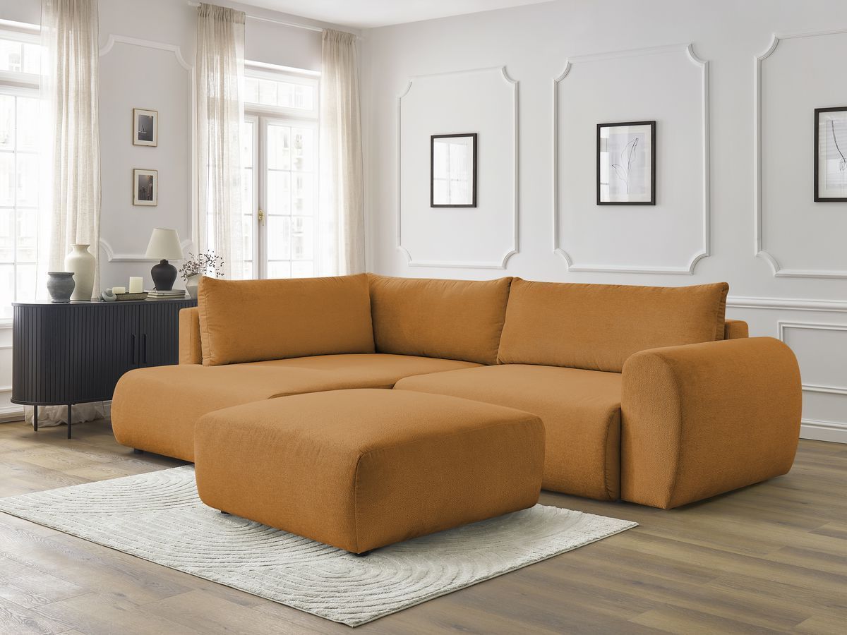 Bobochic Lucien Ecksofa mit Schlaffunktion und Bettkasten und Pouf 296 × 198 cm Stoff Gelb Ecke links