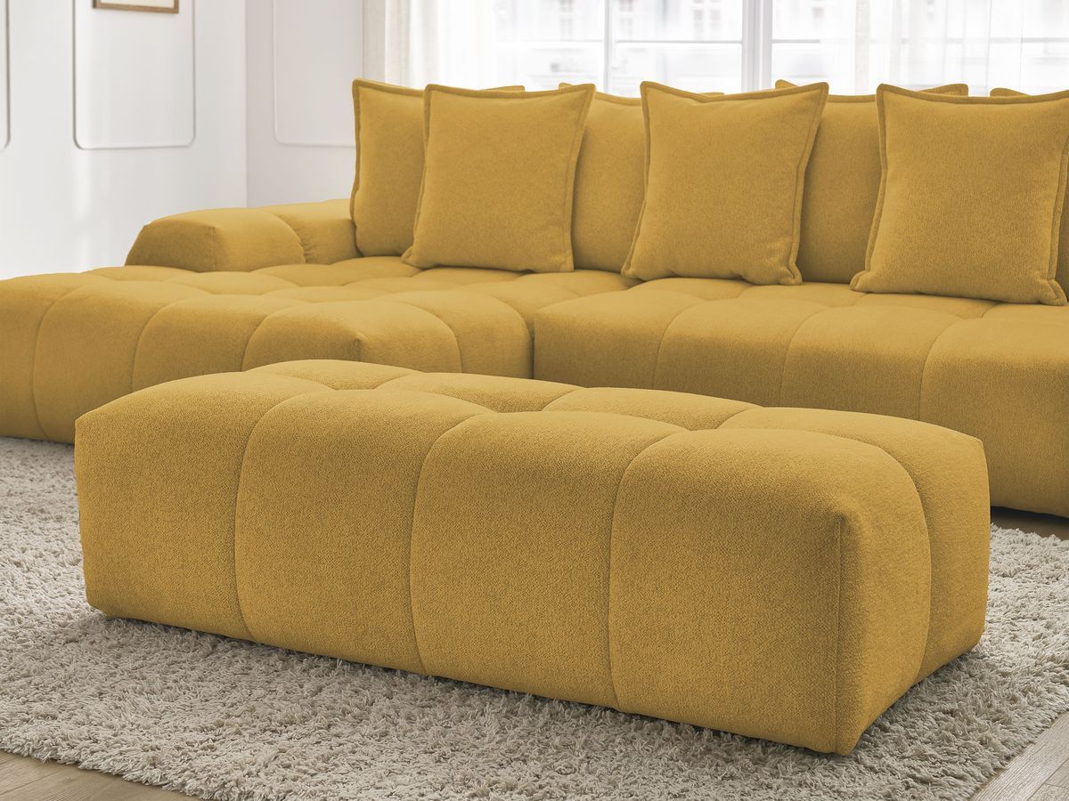 Bobochic Everest Ecksofa mit Schlaffunktion und Bettkasten und Pouf 318 × 180 cm, 7 Kissen Melange-Stoff Gelb Ecke links