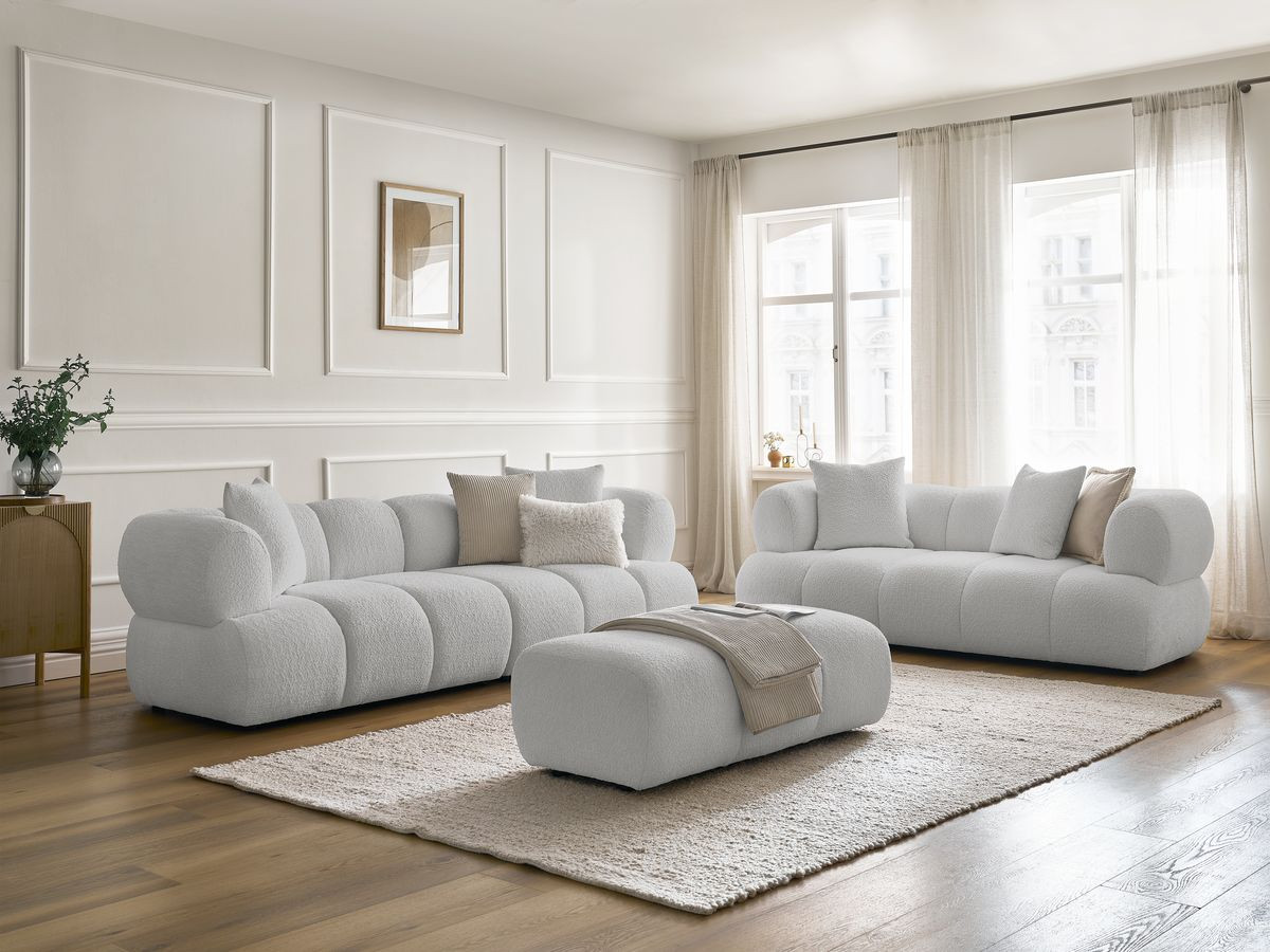 Bobochic Pamira Sofa 5-Sitzer mit Pouf Bouclé-Stoff Hellgrau
