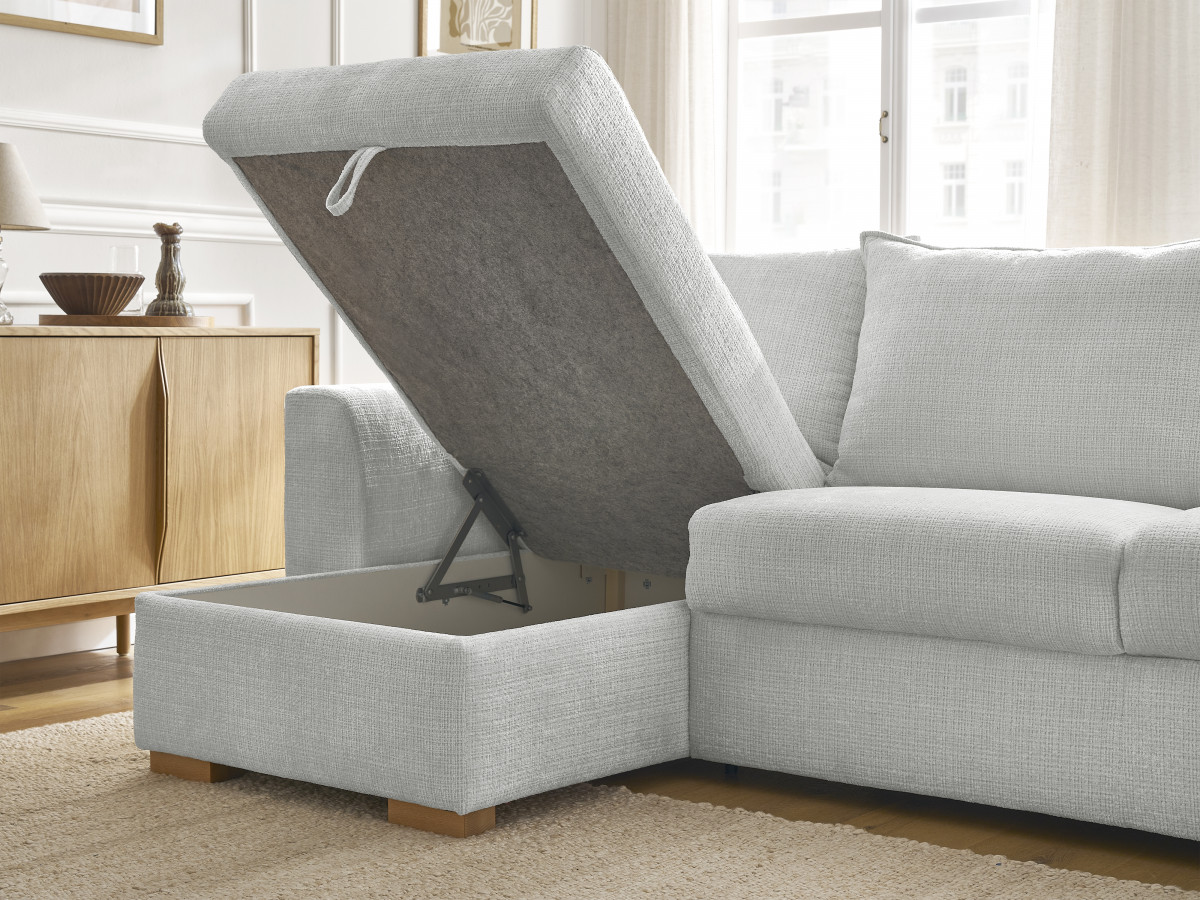 Bobochic Augustin Ecksofa mit Schlaffunktion und Bettkasten Strukturstoff Hellgrau, Liegefläche 140 × 200 cm