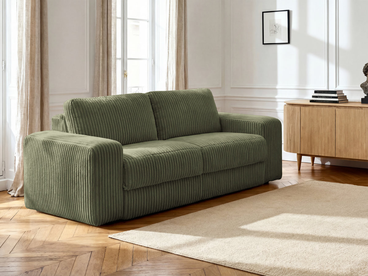 Bobochic Ibiza Schlafsofa 3-Sitzer Cordsamt Grün, Liegefläche 140 × 196 cm