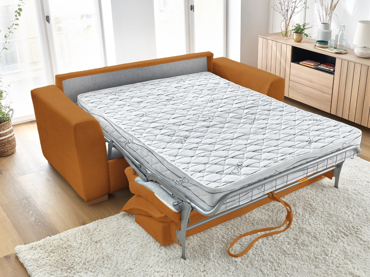 Bobochic Augustin Schlafsofa 3-Sitzer Bouclé-Stoff Gelb, Liegefläche 140 × 200 cm