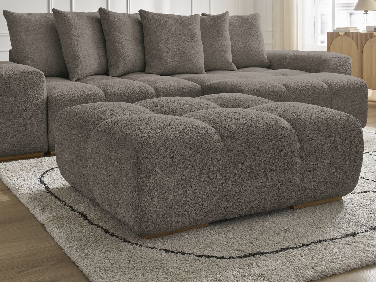 Bobochic Anakin Ecksofa mit Schlaffunktion und Bettkasten und Pouf, 6 Kissen Bouclé-Stoff Braun