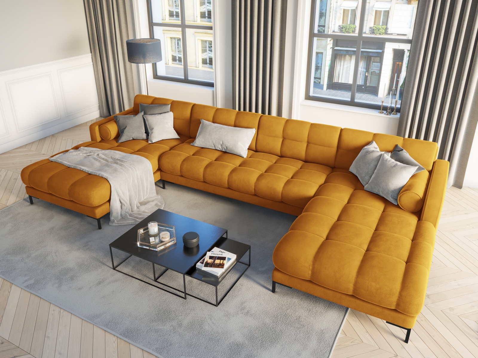 Cosmopolitan Design Panoramasofa Bali 7-Sitzer 383 cm Samt Bluvel Gelb Beine Schwarzes Metall