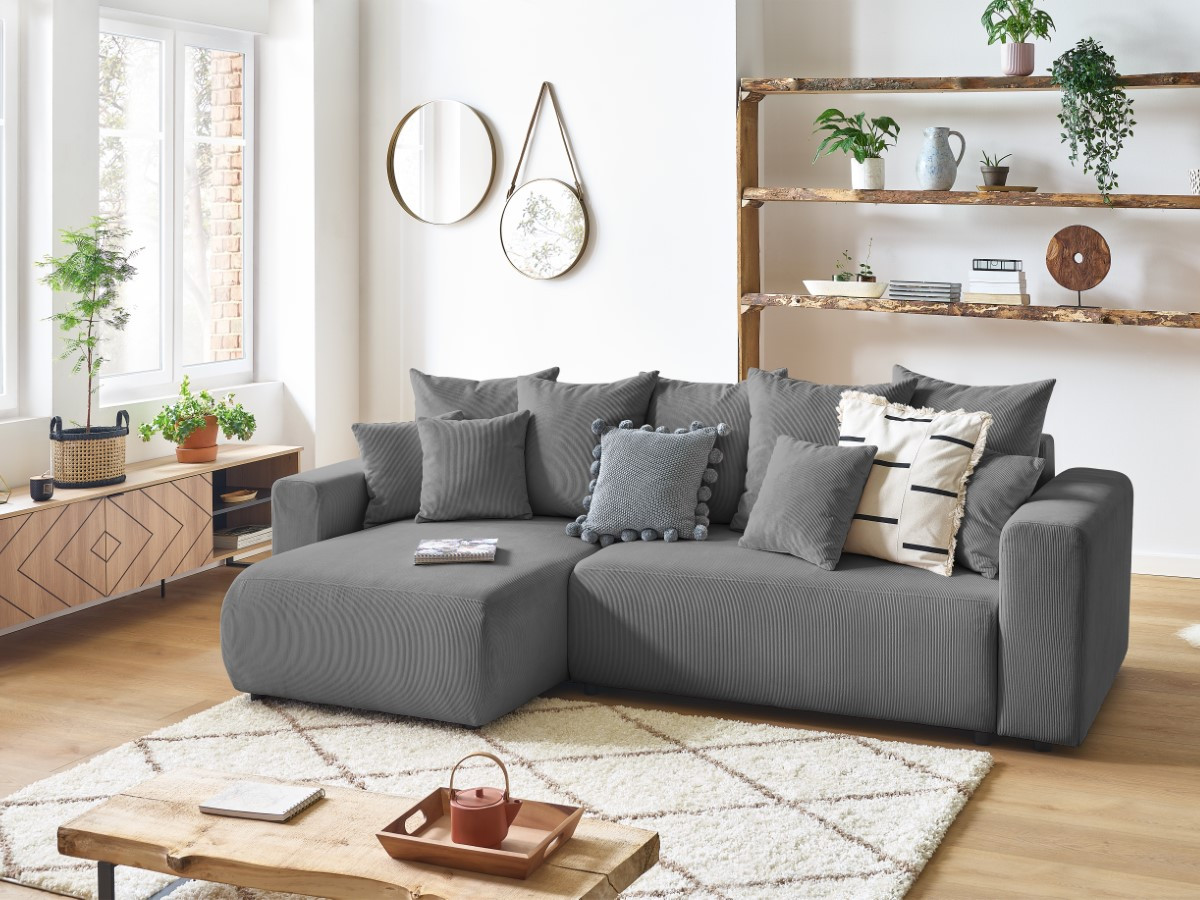 Bobochic Envy Ecksofa mit Schlaffunktion und Bettkasten Cordsamt Dunkelgrau