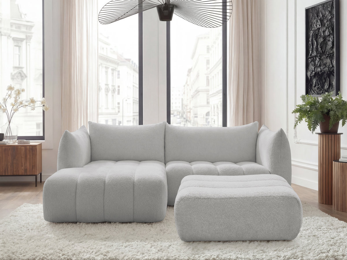 Bobochic Azra Ecksofa mit Pouf 262 × 178 cm Bouclé-Stoff Hellgrau Ecke links