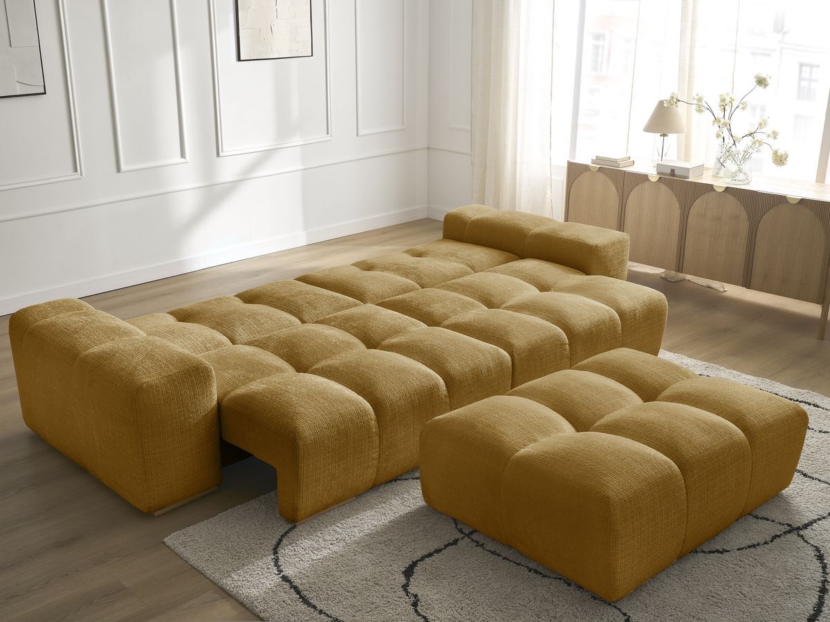 Bobochic Anakin Schlafsofa 3-Sitzer mit Bettkasten und Pouf, 2 Kissen Strukturstoff Gelb