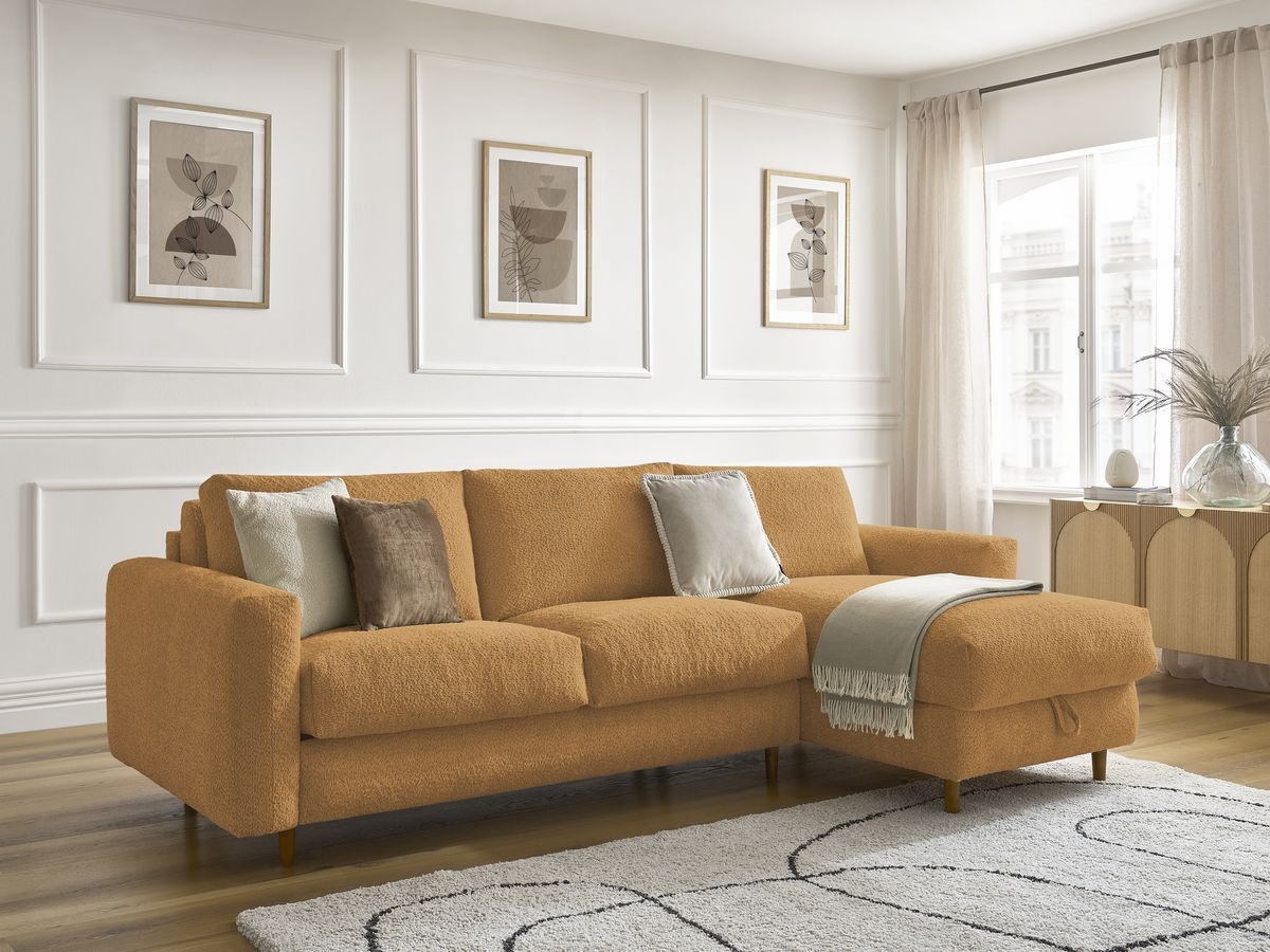 Bobochic Cocoone Ecksofa mit Schlaffunktion und Bettkasten Bouclé-Stoff Gelb, Liegefläche 140 × 200 cm