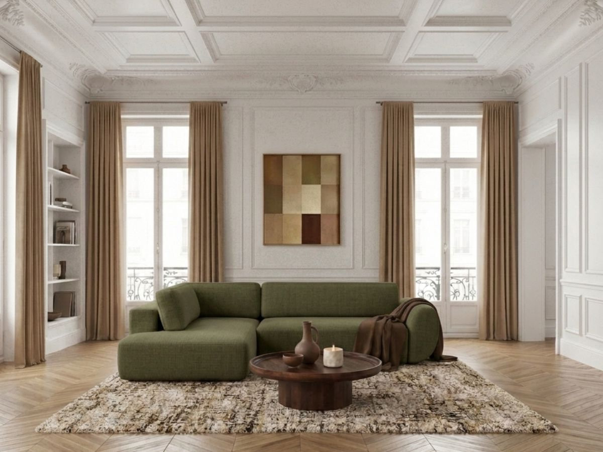 Bobochic Denise Ecksofa mit Schlaffunktion und Bettkasten 256 × 197 cm Strukturstoff Grün Ecke links