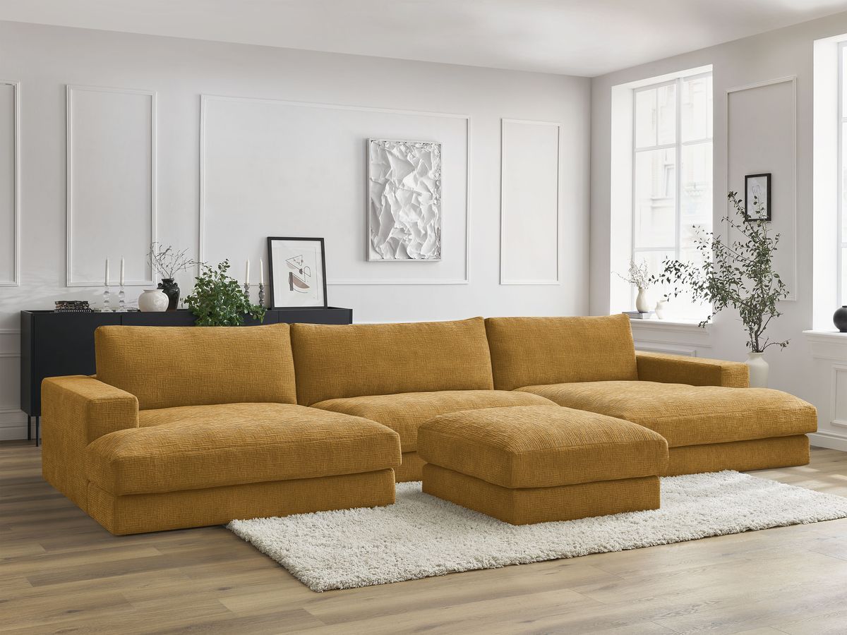 Bobochic Leonard Wohnlandschaft mit Pouf 404 × 159 cm Strukturstoff Gelb