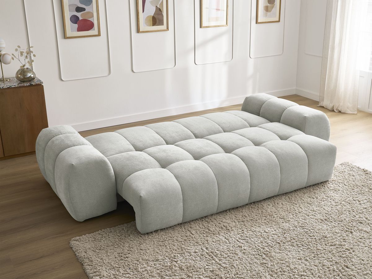 Bobochic Everest Schlafsofa 3-Sitzer mit Bettkasten, 2 Kissen Strukturstoff Hellgrau