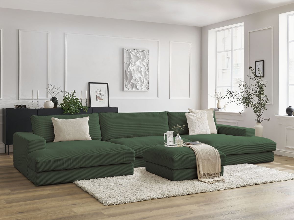 Bobochic Leonard Wohnlandschaft mit Pouf 404 × 159 cm Cordsamt Dunkelgrün