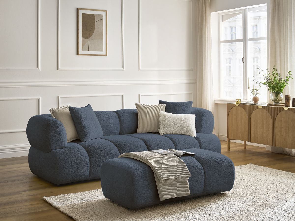 Bobochic Pamira Sofa 3-Sitzer mit Pouf Bouclé-Stoff Dunkelblau