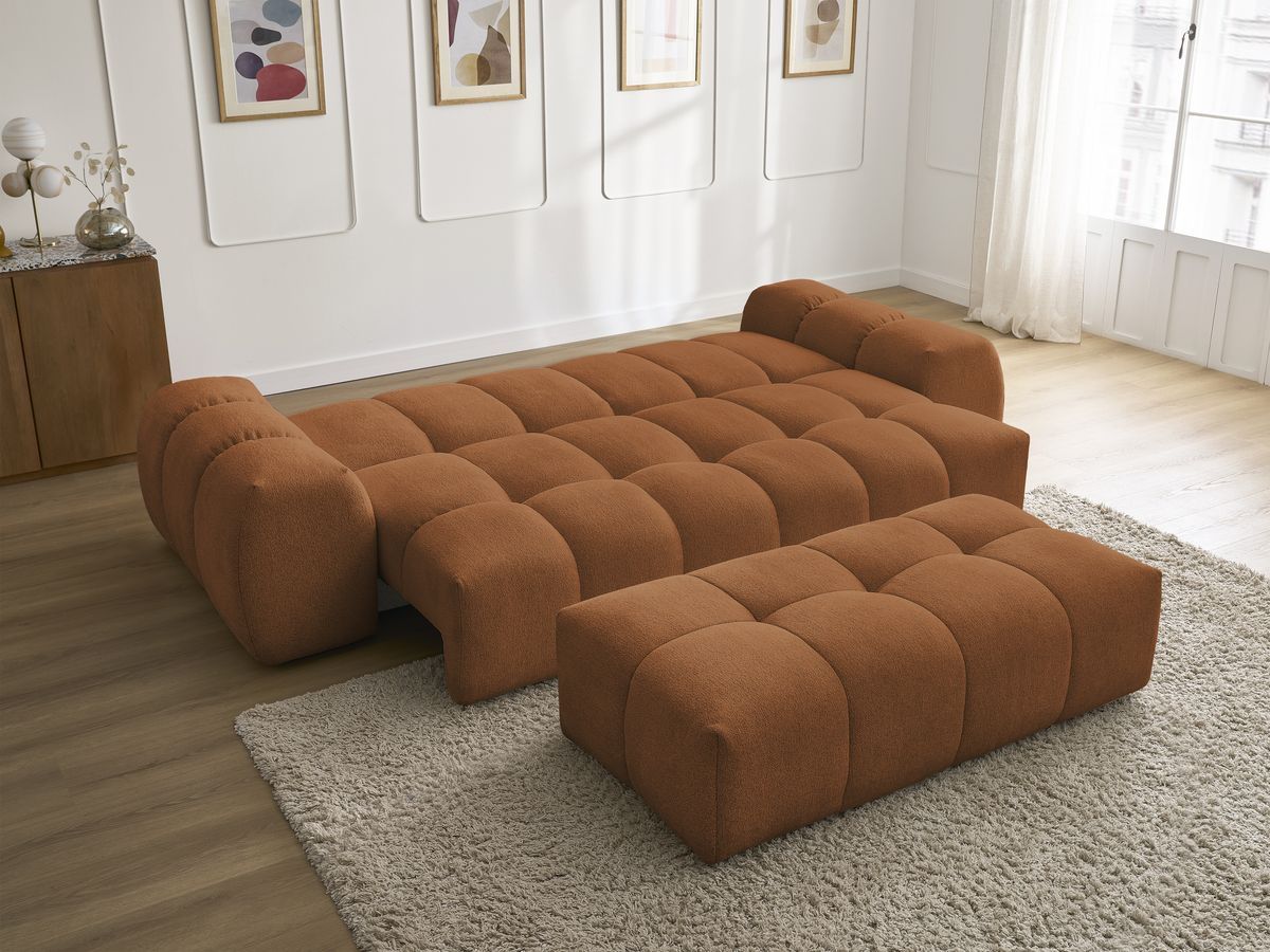 Bobochic Everest Schlafsofa 3-Sitzer mit Bettkasten und Pouf, 2 Kissen Melange-Stoff Orange