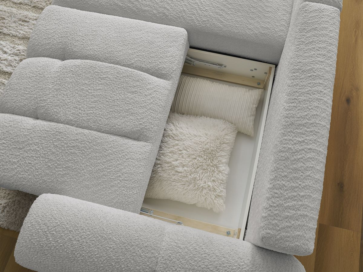 Bobochic Roxelane Ecksofa mit Schlaffunktion und Bettkasten und Pouf 258 × 150 cm Bouclé-Stoff Hellgrau Ecke links