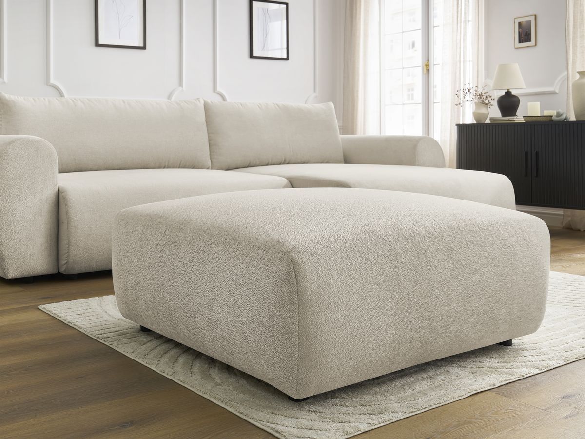 Bobochic Lucien Ecksofa mit Schlaffunktion und Bettkasten und Pouf 314 × 167 cm Stoff Beige Ecke rechts