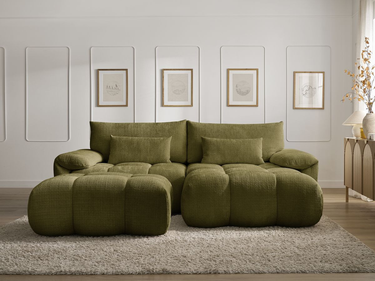 Bobochic Ivane Ecksofa mit Pouf Strukturstoff Grün Ecke rechts