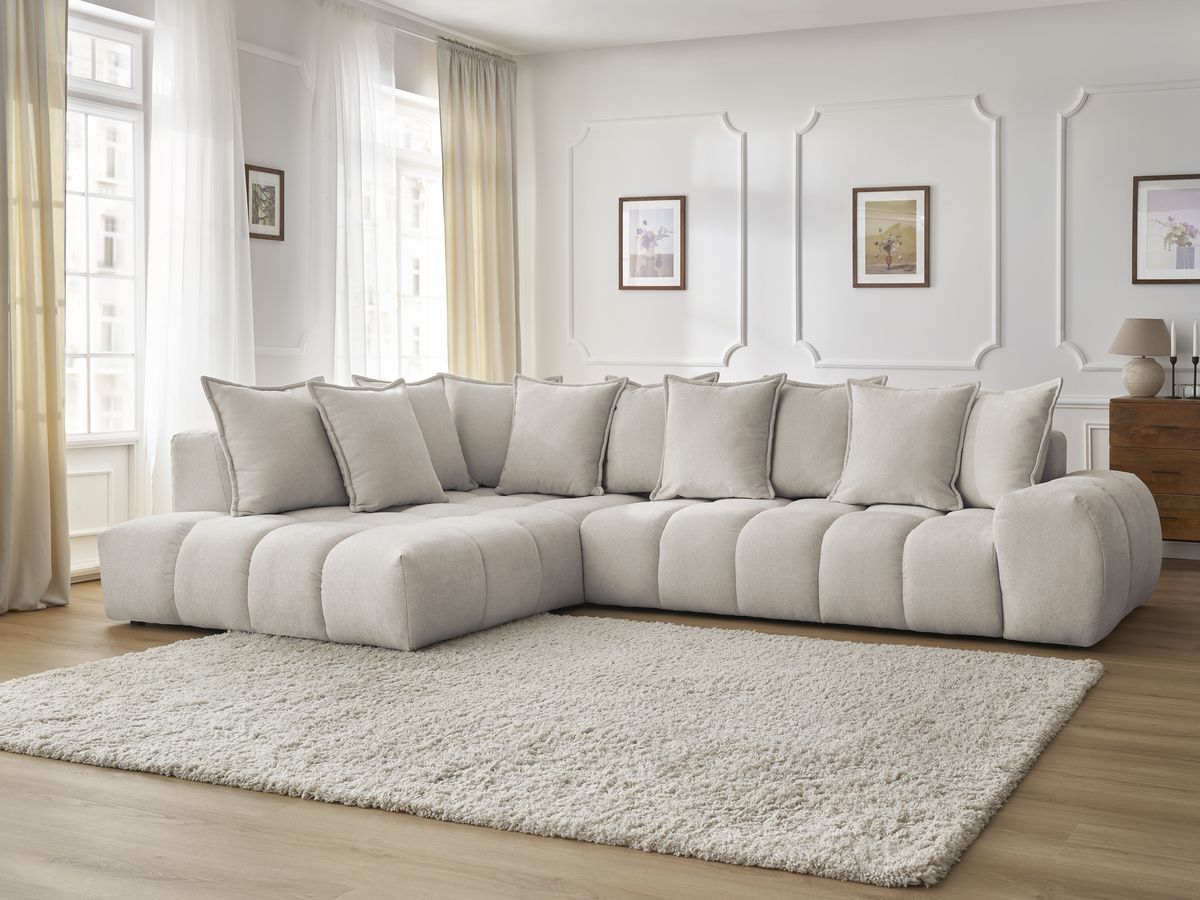 Bobochic Everest Ecksofa, 10 Kissen Strukturstoff Beige Ecke links