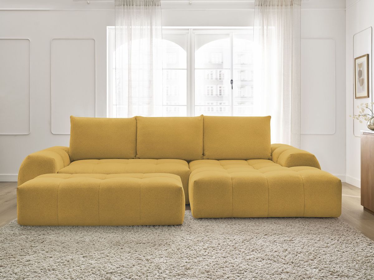 Bobochic Everest Ecksofa mit Schlaffunktion und Bettkasten und Pouf 318 × 180 cm, 3 Kissen Melange-Stoff Gelb Ecke rechts