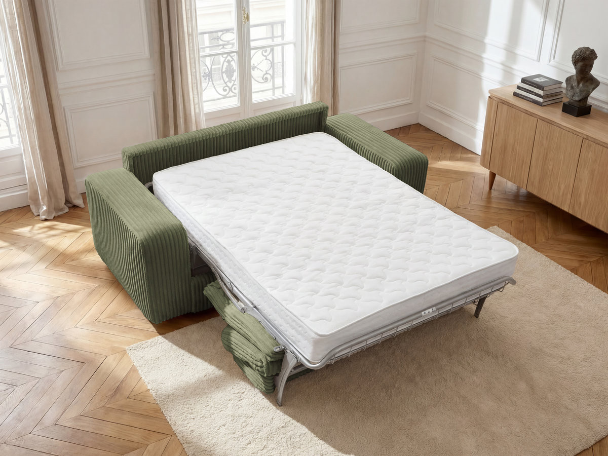 Bobochic Ibiza Schlafsofa 3-Sitzer Cordsamt Grün, Liegefläche 140 × 196 cm