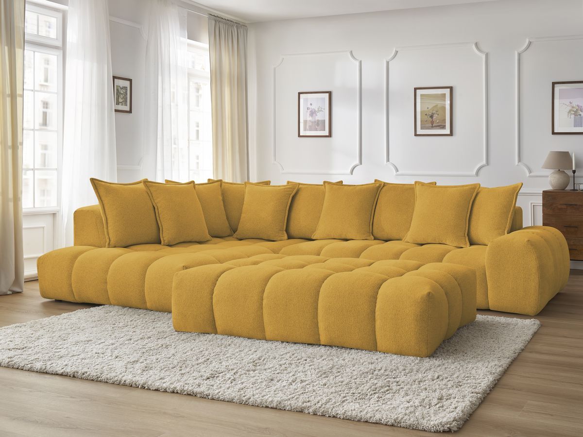 Bobochic Everest Ecksofa mit Schlaffunktion und Pouf, 10 Kissen Melange-Stoff Gelb Ecke links