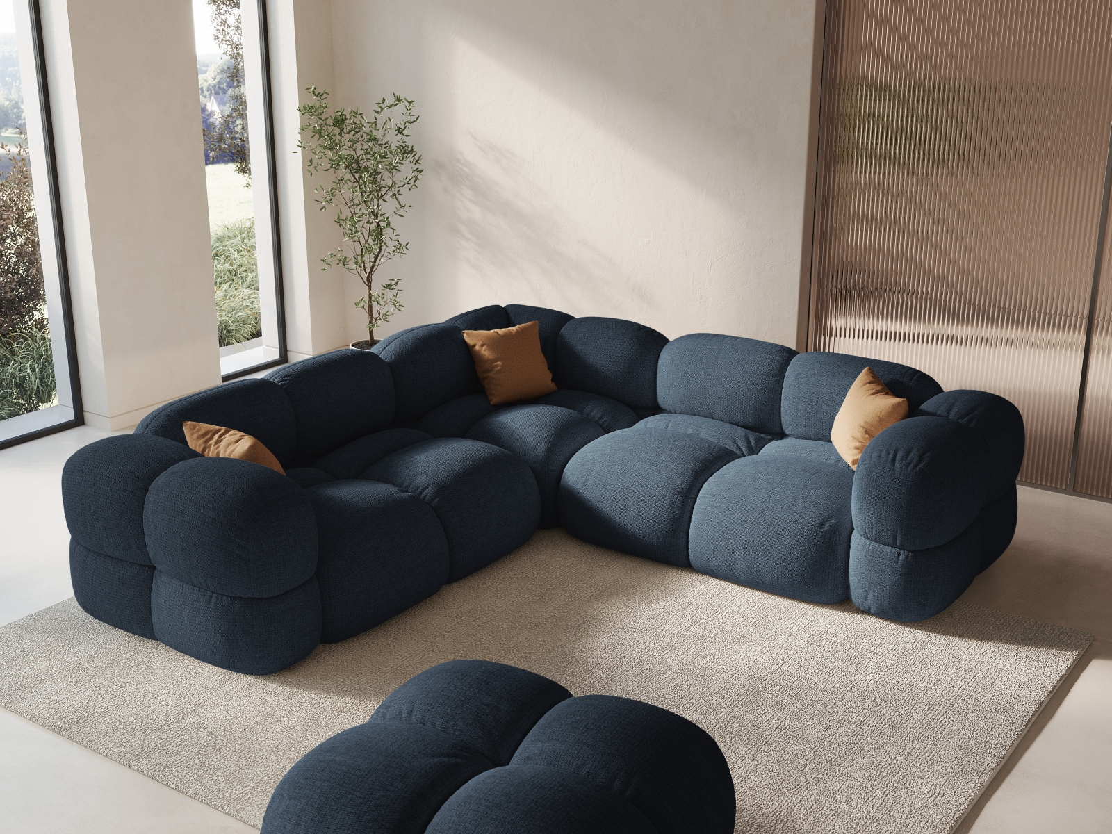 Cosmopolitan Design Symmetrisches Ecksofa Loretto 4-Sitzer Strukturierter Stoff Sorella Dunkelblau