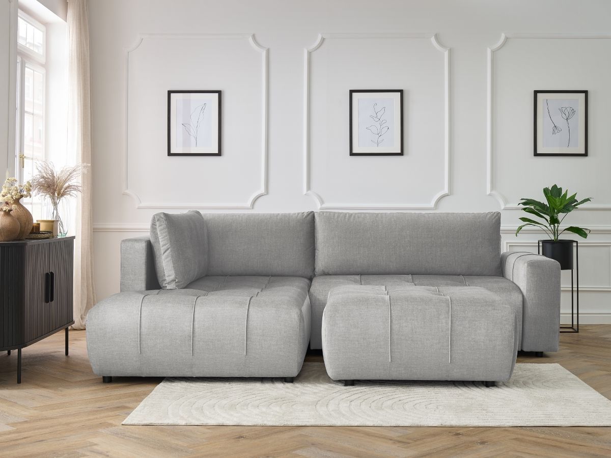 Bobochic Arsene Ecksofa mit Schlaffunktion und Bettkasten und Pouf 277 × 200 cm Samt Hellgrau Ecke links