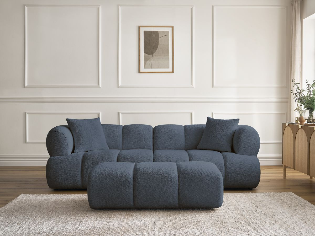 Bobochic Pamira Sofa 3-Sitzer mit Pouf Bouclé-Stoff Dunkelblau