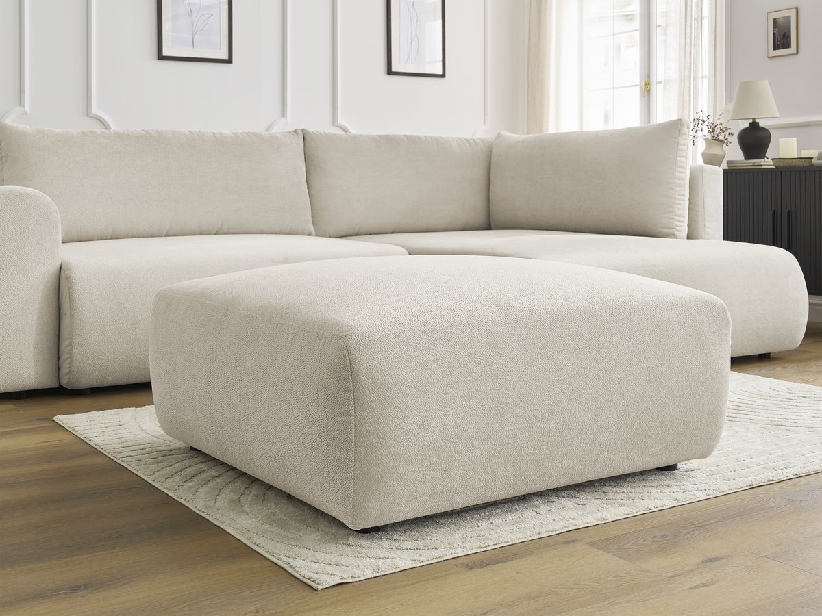 Bobochic Lucien Ecksofa mit Schlaffunktion und Bettkasten und Pouf 296 × 198 cm Stoff Beige Ecke rechts