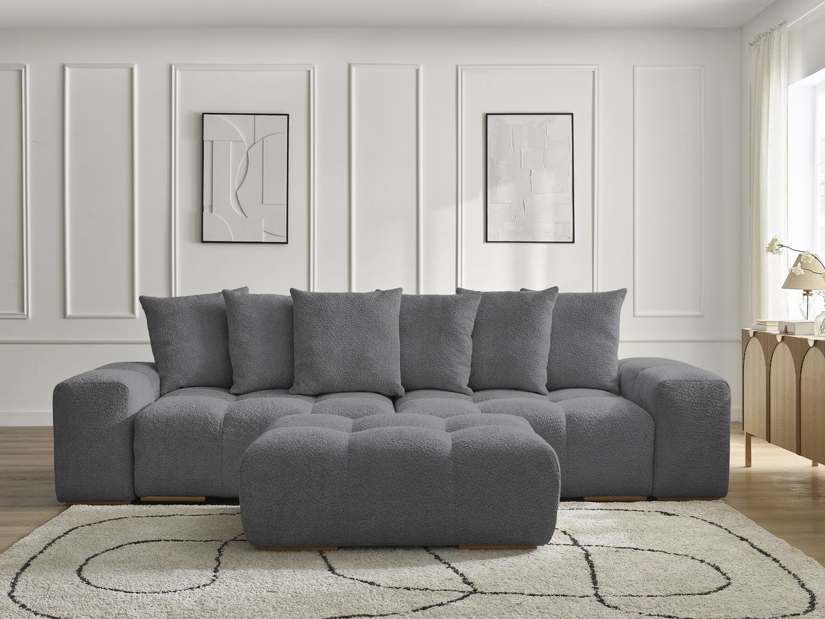 Bobochic Anakin Sofa 3-Sitzer mit Pouf, 6 Kissen Bouclé-Stoff Dunkelgrau