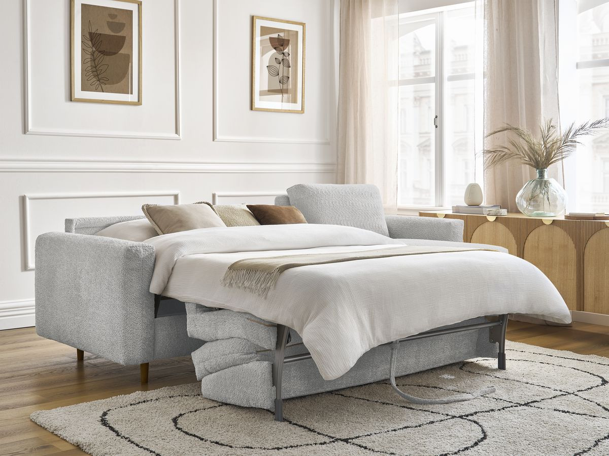 Bobochic Cocoone Ecksofa mit Schlaffunktion und Bettkasten Bouclé-Stoff Hellgrau, Liegefläche 160 × 200 cm