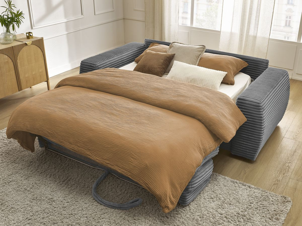 Bobochic Hugo Schlafsofa 3-Sitzer Cordsamt Dunkelgrau, Liegefläche 140 × 190 cm