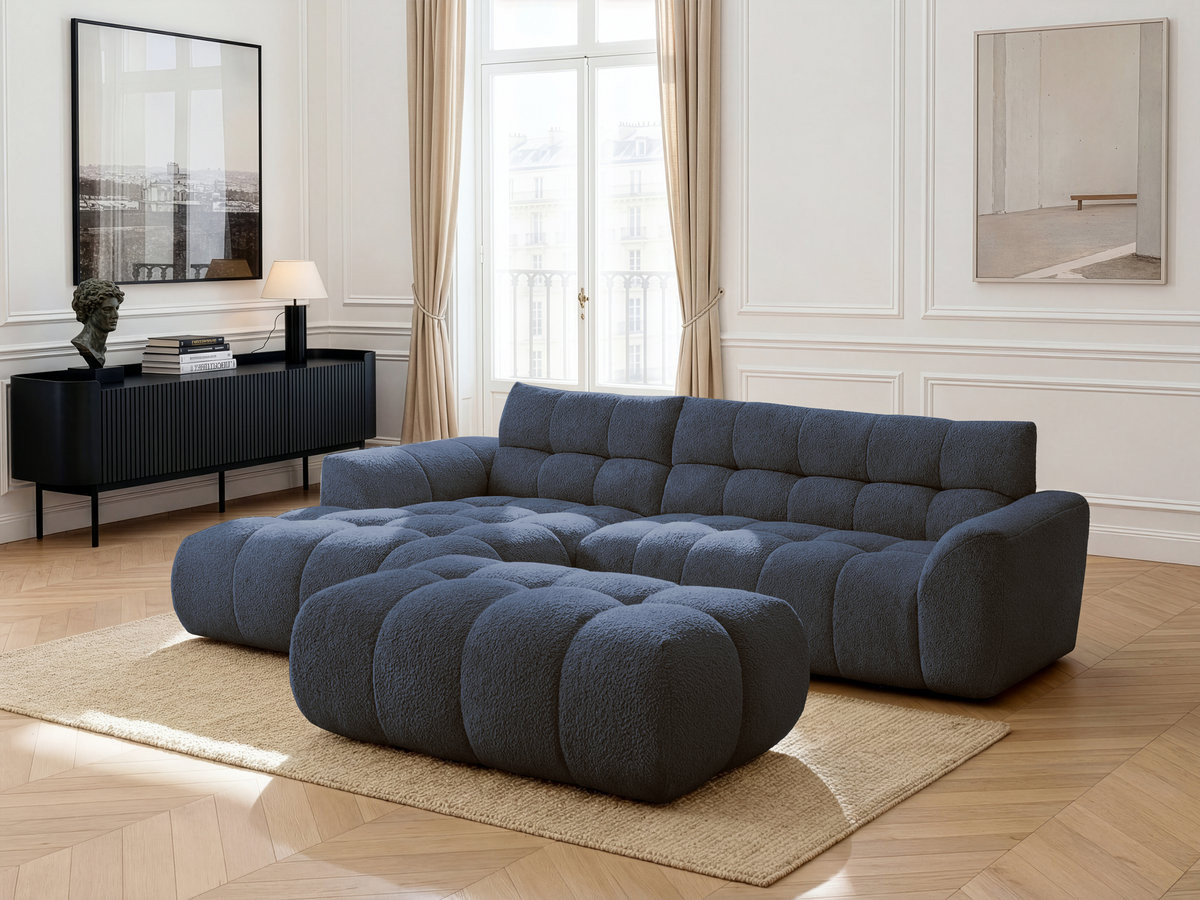 Bobochic Jaya Ecksofa mit Pouf Chenille Dunkelblau Ecke links