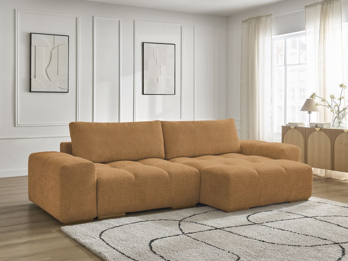 Bobochic Anakin Ecksofa mit Schlaffunktion und Bettkasten, 2 Kissen Bouclé-Stoff Gelb