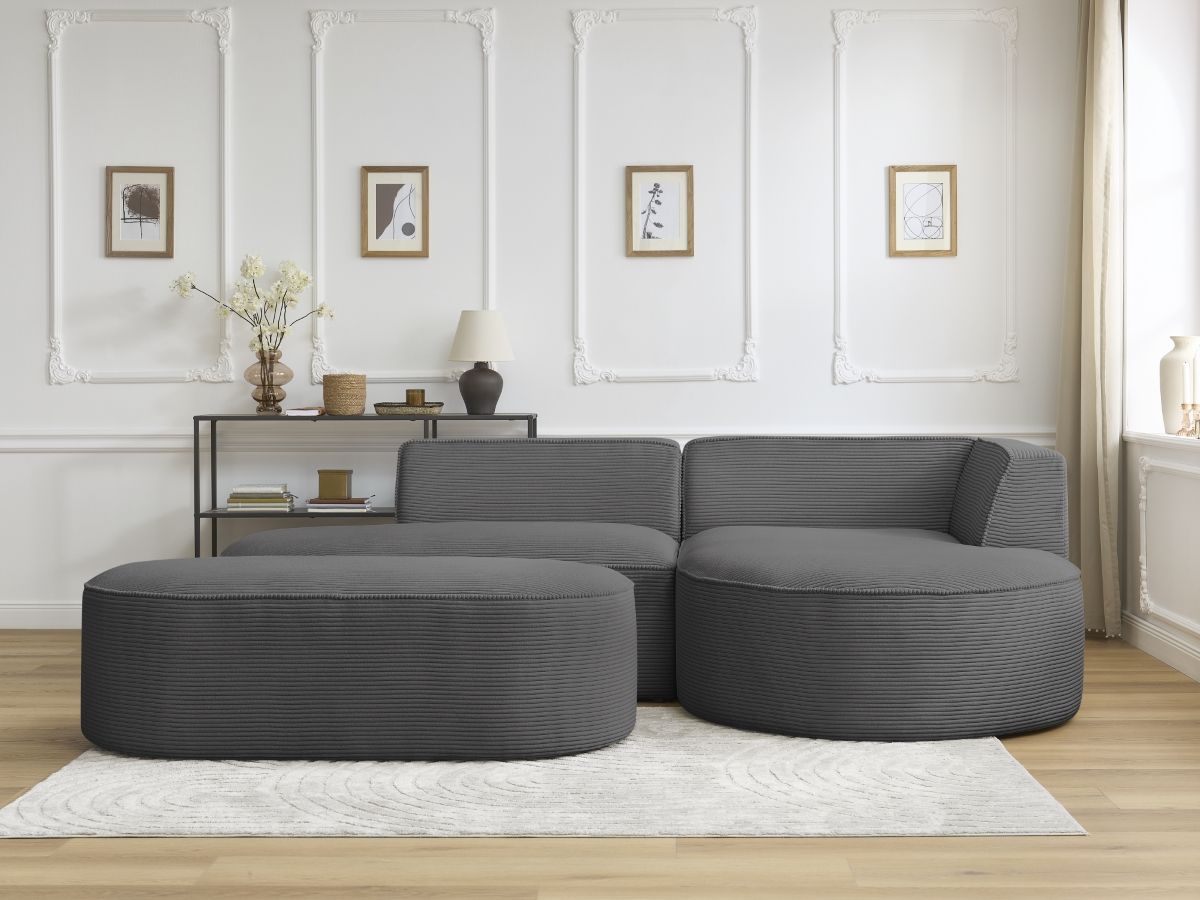 Bobochic Rousseau Ecksofa mit Pouf Cordsamt Dunkelgrau Ecke rechts