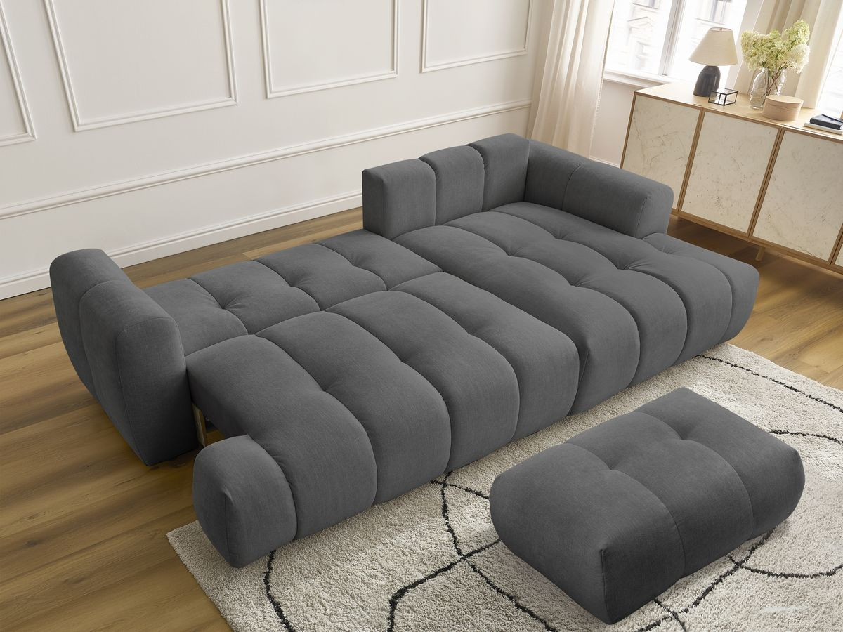 Bobochic Fuji Ecksofa mit Schlaffunktion und Bettkasten und Pouf 292 × 160 cm Stoff Dunkelgrau Ecke rechts
