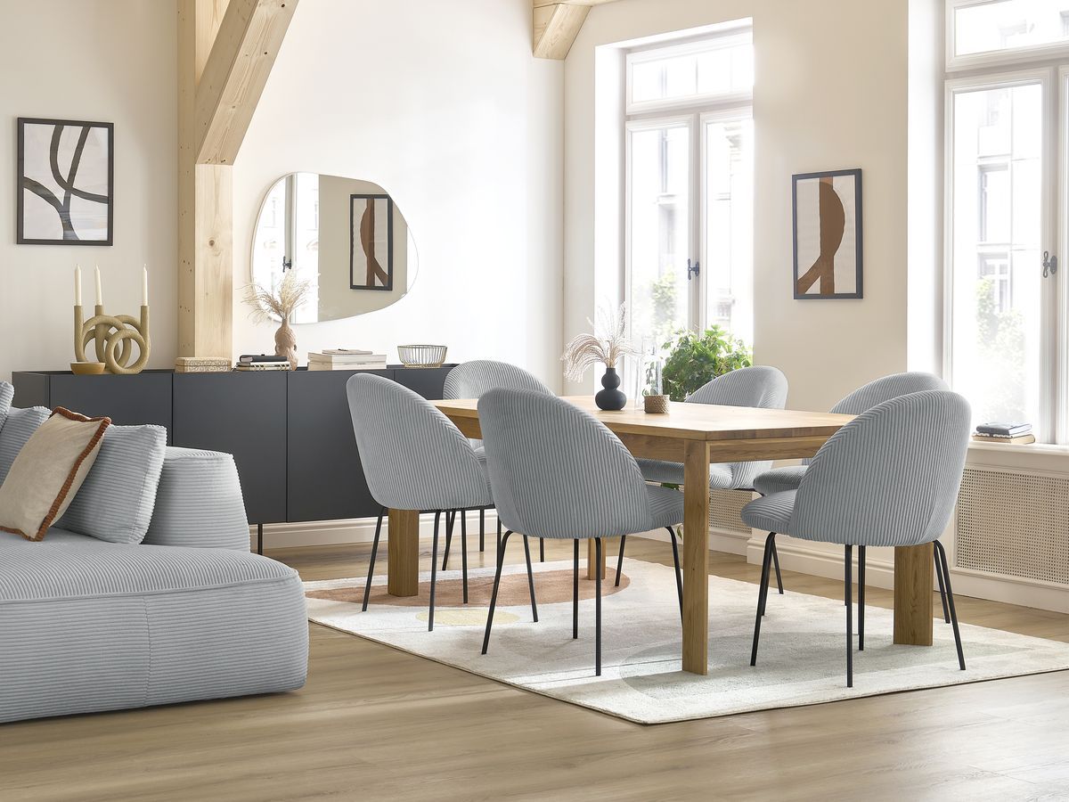 Bobochic Lalie Esszimmerstuhl 4er-Set mit Metallbeinen, schwarz Cordsamt Hellgrau