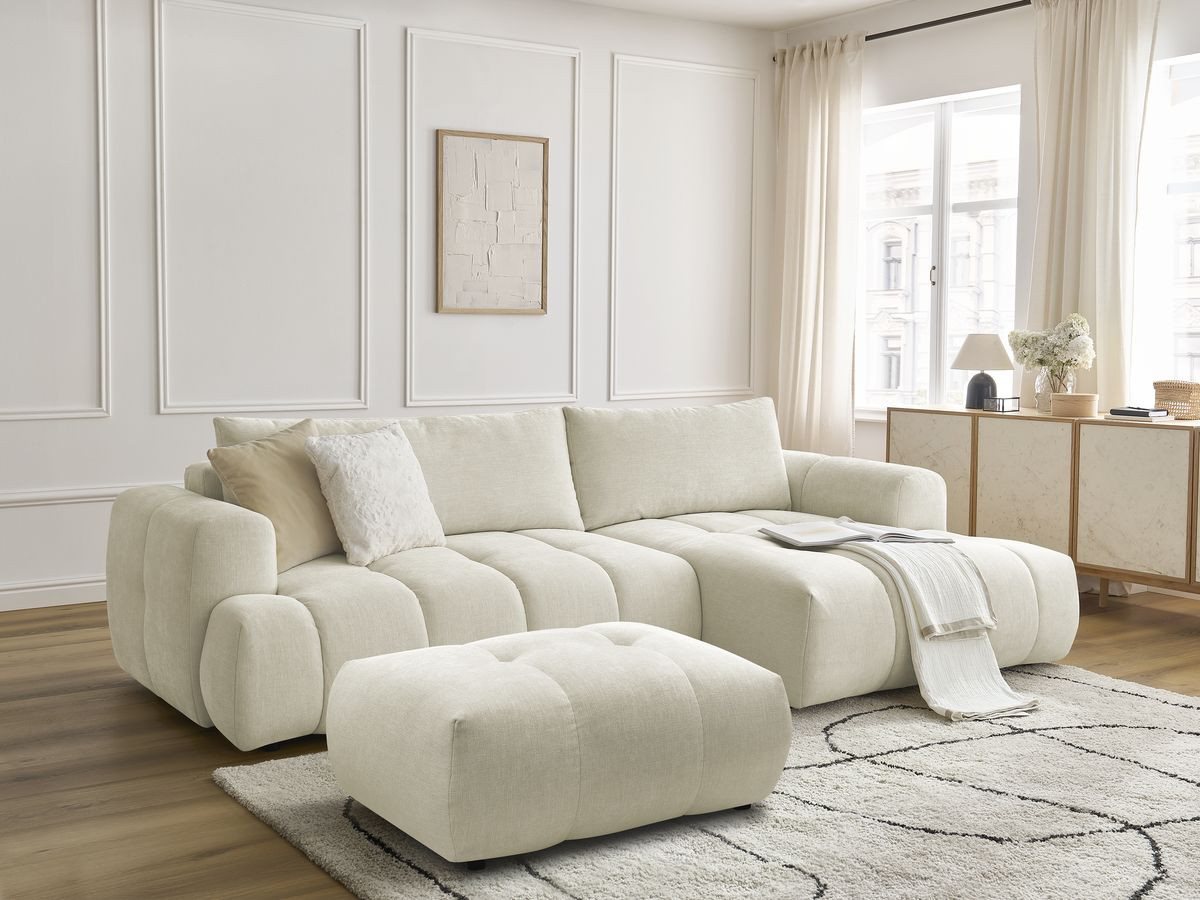 Bobochic Fuji Ecksofa mit Schlaffunktion und Bettkasten und Pouf 292 × 160 cm Stoff Beige Ecke rechts