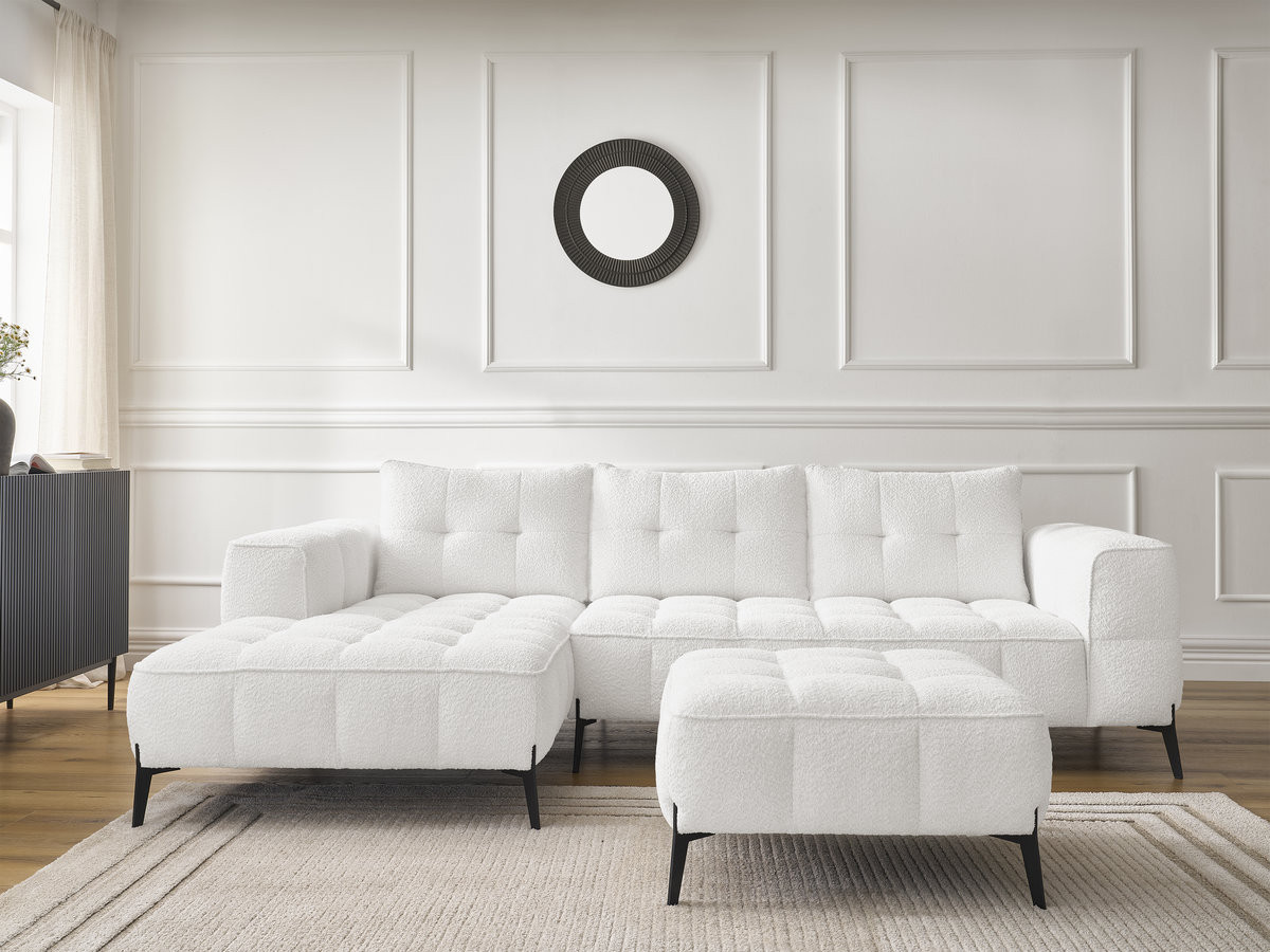 Bobochic Anis Ecksofa mit Pouf Bouclé-Stoff Weiß Ecke links