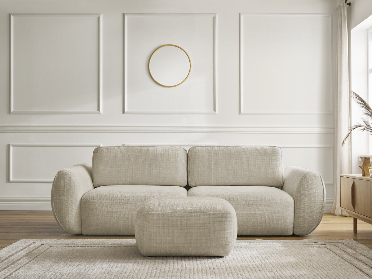 Bobochic Denise Schlafsofa 3-Sitzer mit Bettkasten und Pouf Strukturstoff Beige