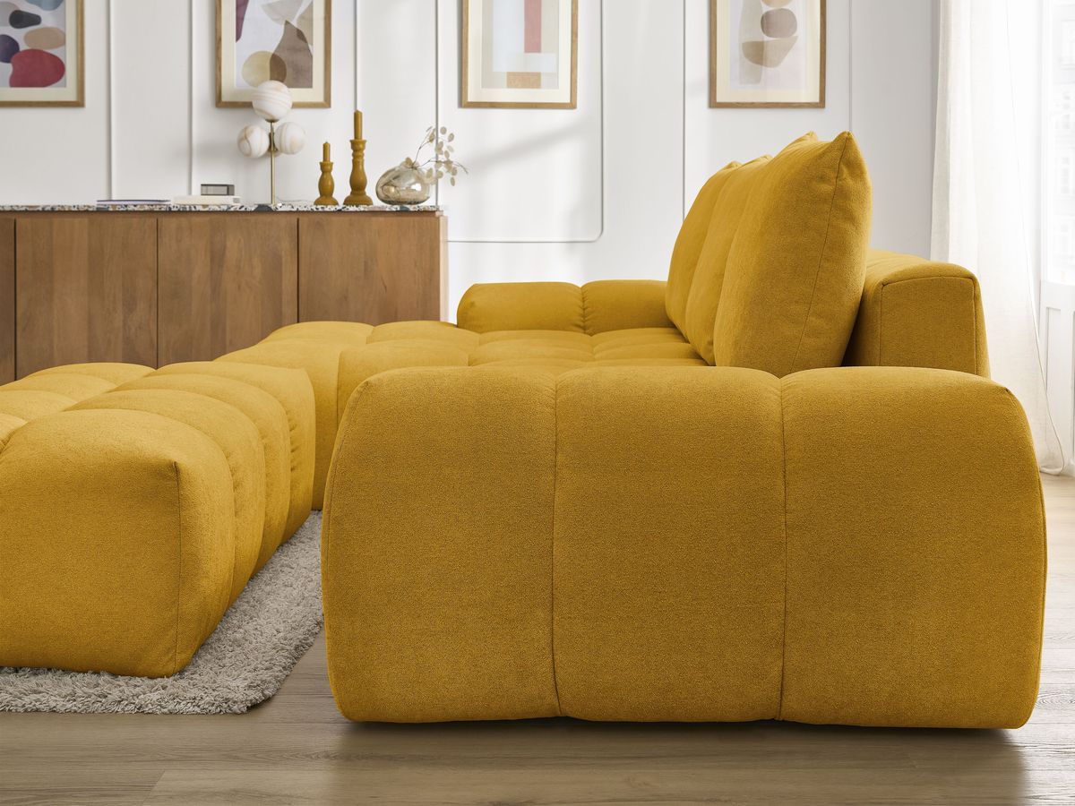 Bobochic Everest Ecksofa mit Schlaffunktion und Bettkasten und Pouf 318 × 180 cm, 3 Kissen Strukturstoff Gelb Ecke links