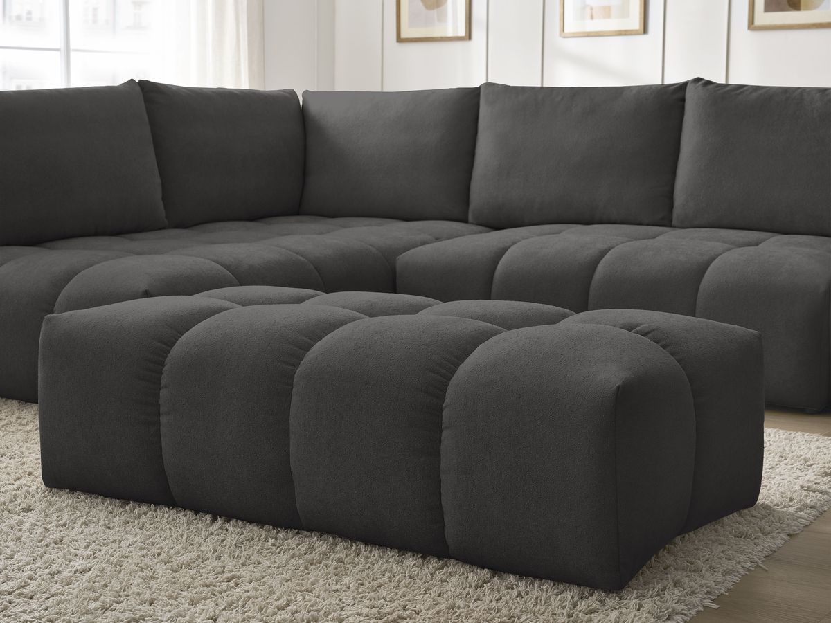 Bobochic Everest Ecksofa mit Schlaffunktion und Bettkasten und Pouf 320 × 212 cm, 5 Kissen Strukturstoff Schwarz Ecke links