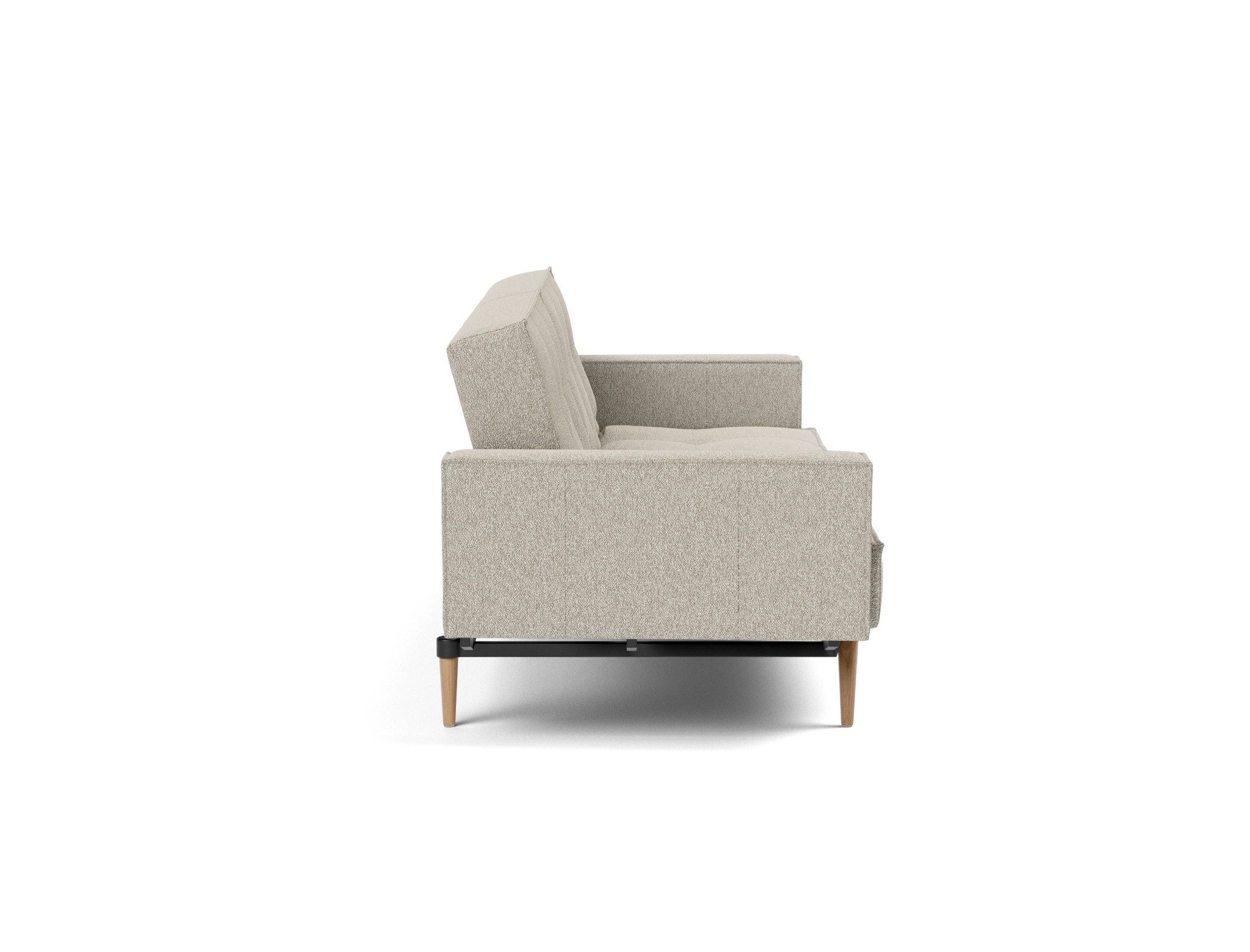 Schlafsofa Splitback mit Armlehnen Boucle Skandi 539-Beige Beine Styletto Eiche hell