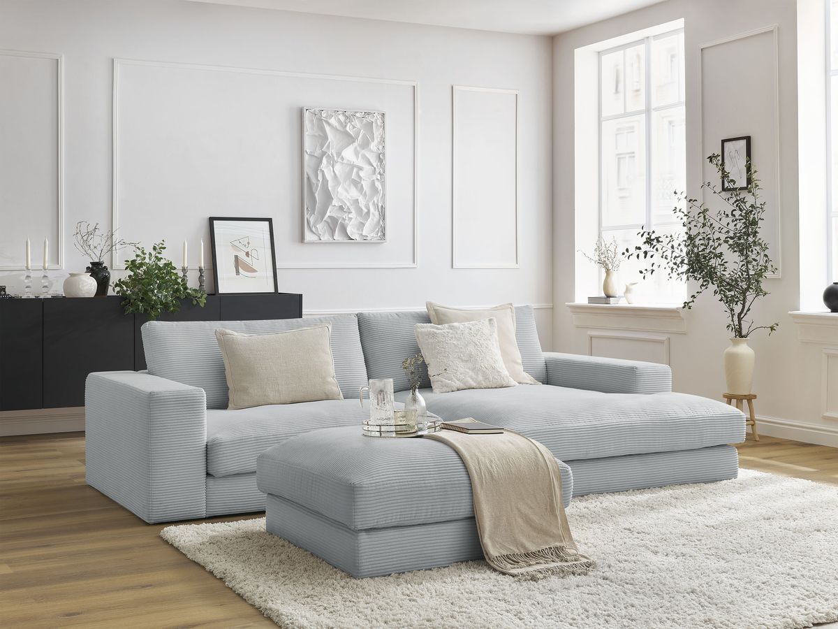 Bobochic Leonard Ecksofa mit Pouf 274 × 159 cm Cordsamt Hellgrau Ecke rechts