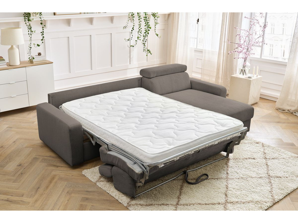 Bobochic Monaco Ecksofa mit Schlaffunktion und Bettkasten Cordsamt Taupe, Liegefläche 140 × 190 cm